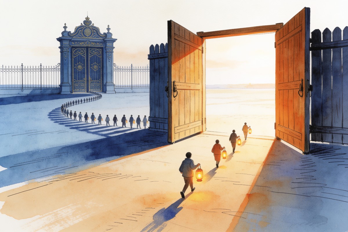Ink and watercolor illustration: a plain wooden gate stands open as figures carry lanterns through, while a grand ornate gate stays closed with a long queue waiting in its shadow